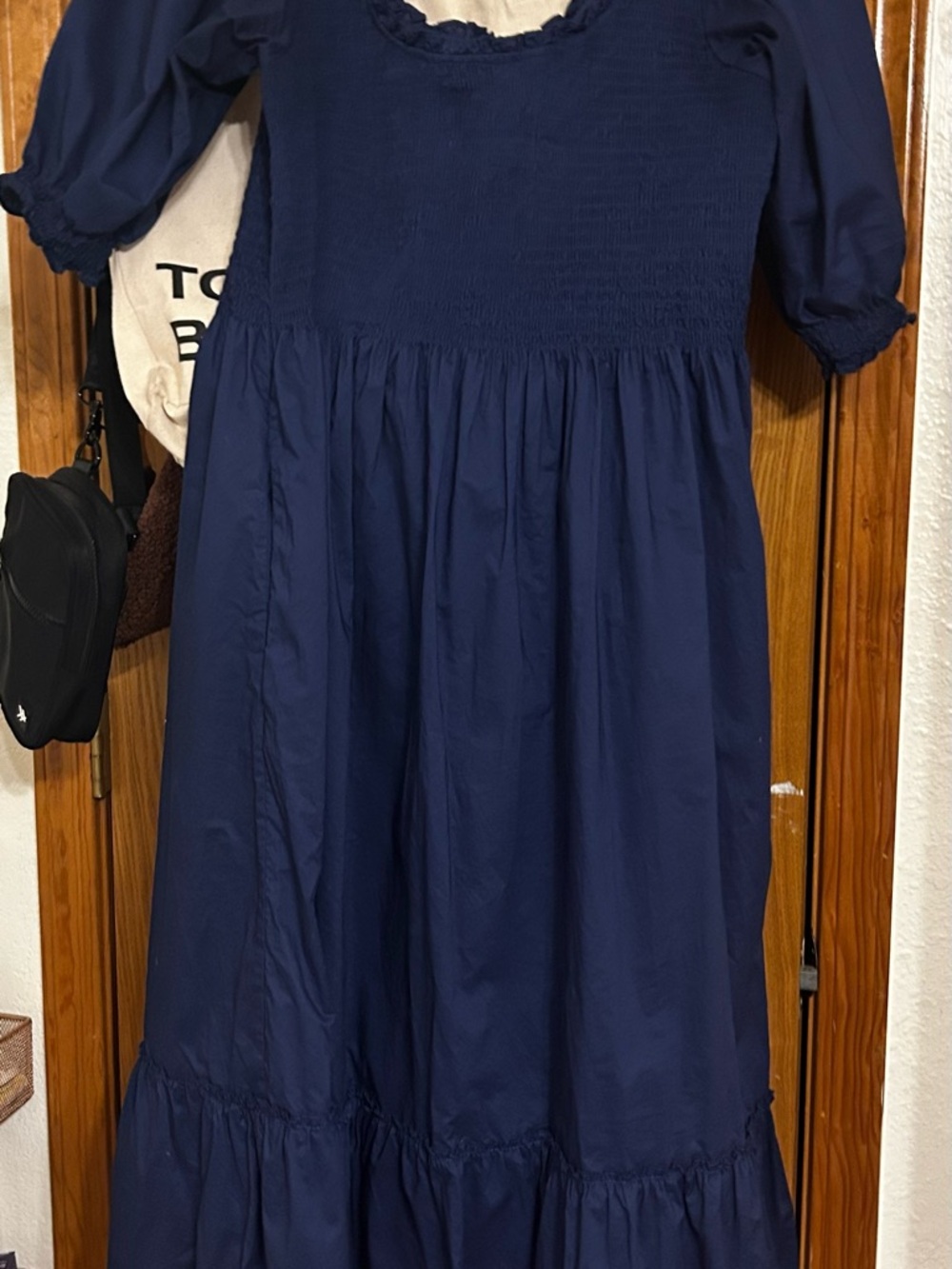 Hill House Navy Smocked Midi Dress with Puff Sleeves